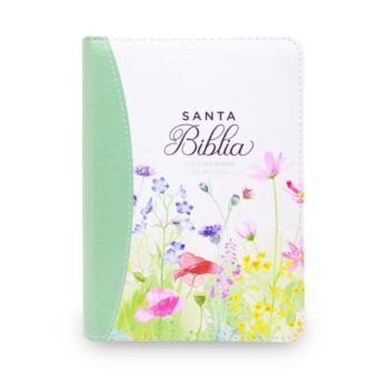 Biblia Reina Valera 1960, Tamaño Manual, Letra Grande, Símil piel, Cierre, Flores, Lila Turquesa