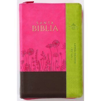 Biblia Reina Valera 1960, Tamaño Manual, Letra Grande, Símil Piel, Índice, Cierre, Flores Fucsia Verde