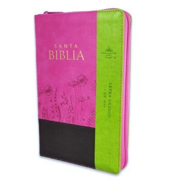Alternative view of Biblia Reina Valera 1960, Tamaño Manual, Letra Grande, Símil Piel, Índice, Cierre, Flores Fucsia Verde