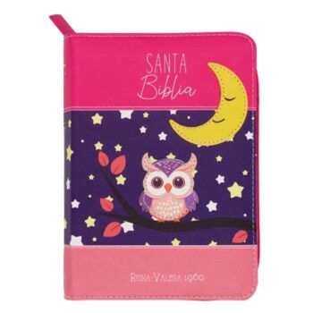 Biblia Reina Valera 1960, Tamaño Bolsillo, Símil Piel, Cierre, Primaveral Búho Luna, Fucsia Azul
