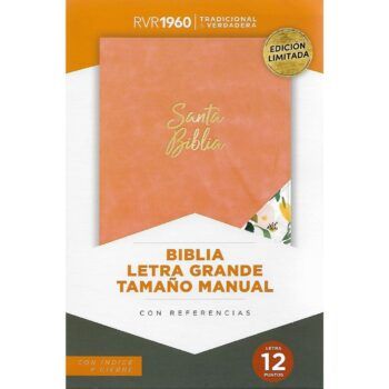 Biblia Reina Valera 1960, Tamaño Manual, Letra Grande, Símil Piel, Índice, Cierre, Coral, Flores
