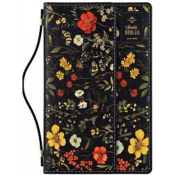 Biblia Reina Valera 1960, Tamaño Manual, con Imán y Manija, Símil Piel, Negro, Flores