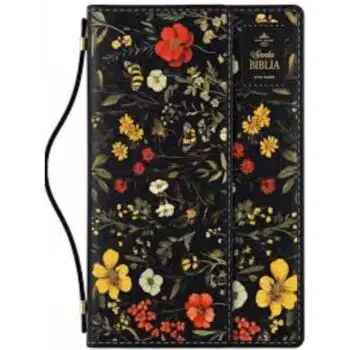 Inicio Biblia Reina Valera 1960, Tamaño Manual, con Imán y Manija, Símil Piel, Negro, Flores