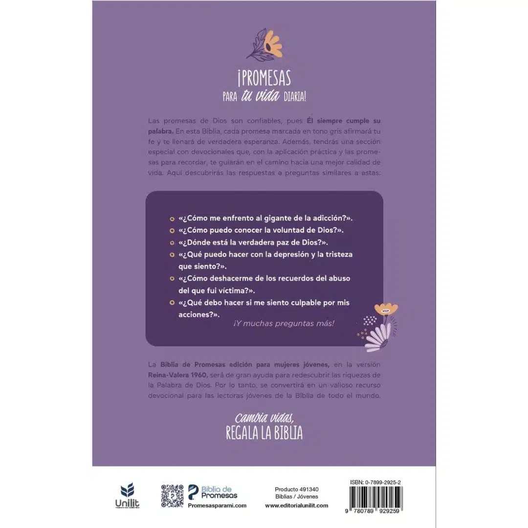 Biblia de Promesas para Mujeres Jóvenes Reina Valera 1960, Letra Grande, Tapa Dura, Lila 9780789929259 Biblia de Promesas para Mujeres Jóvenes Reina Valera 1960, Letra Grande, Tapa Dura, Lila - Imagen 6